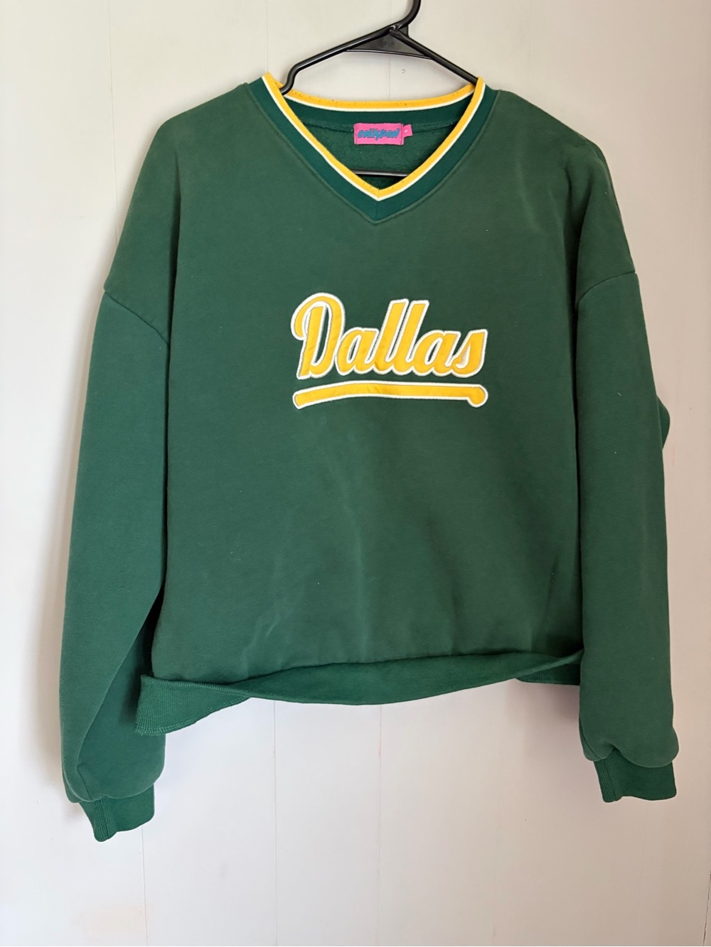 Edikted Green V-Neck Sweater with Yellow Script